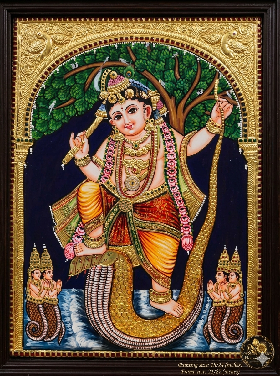 Lord Krishna Kalinga Nardhanam Tanjore Painting | 24K Gold Foil Art - authentic Tanjore painting, ships across the USA