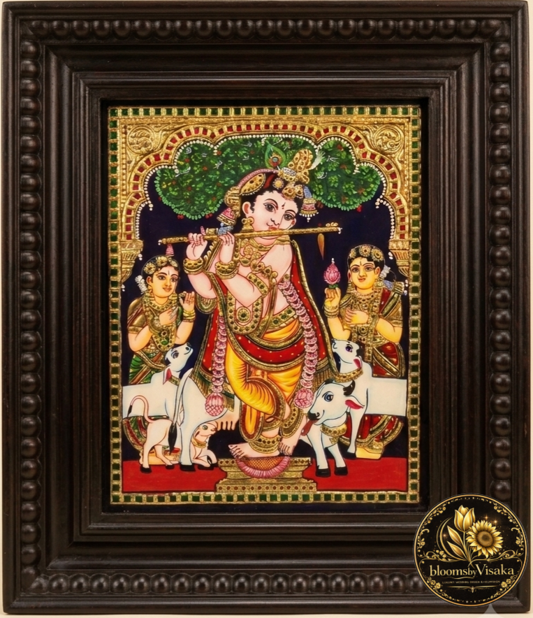 Baby Krishna Tanjore Painting with Gopis & Cows | Handmade Gold Foil Wall Art - authentic Tanjore painting, ships across the USA